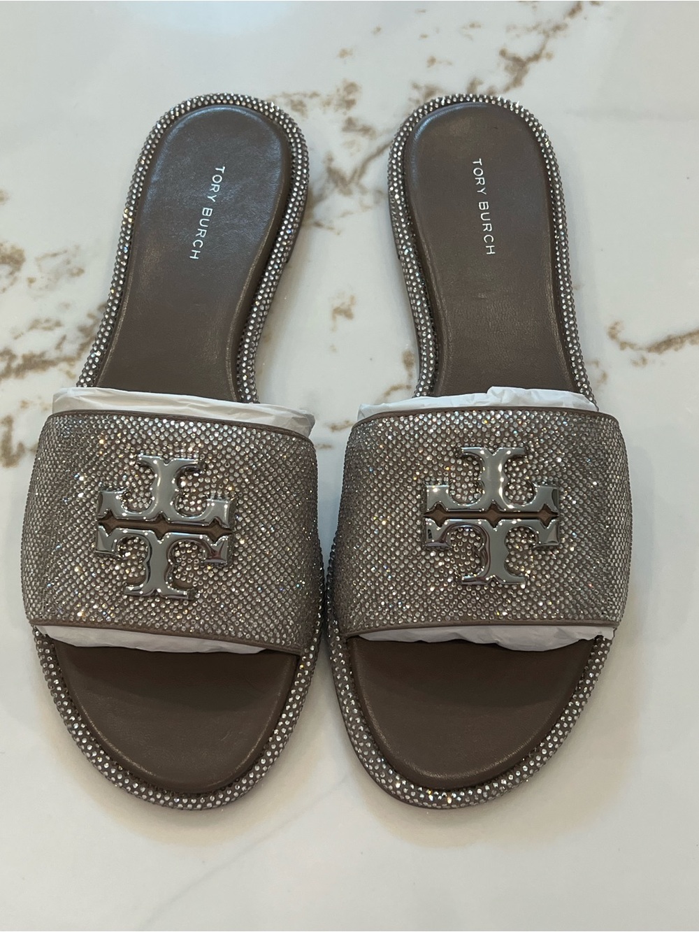 Tory Burch Taupe Crystal-Embellished Slide Sandals